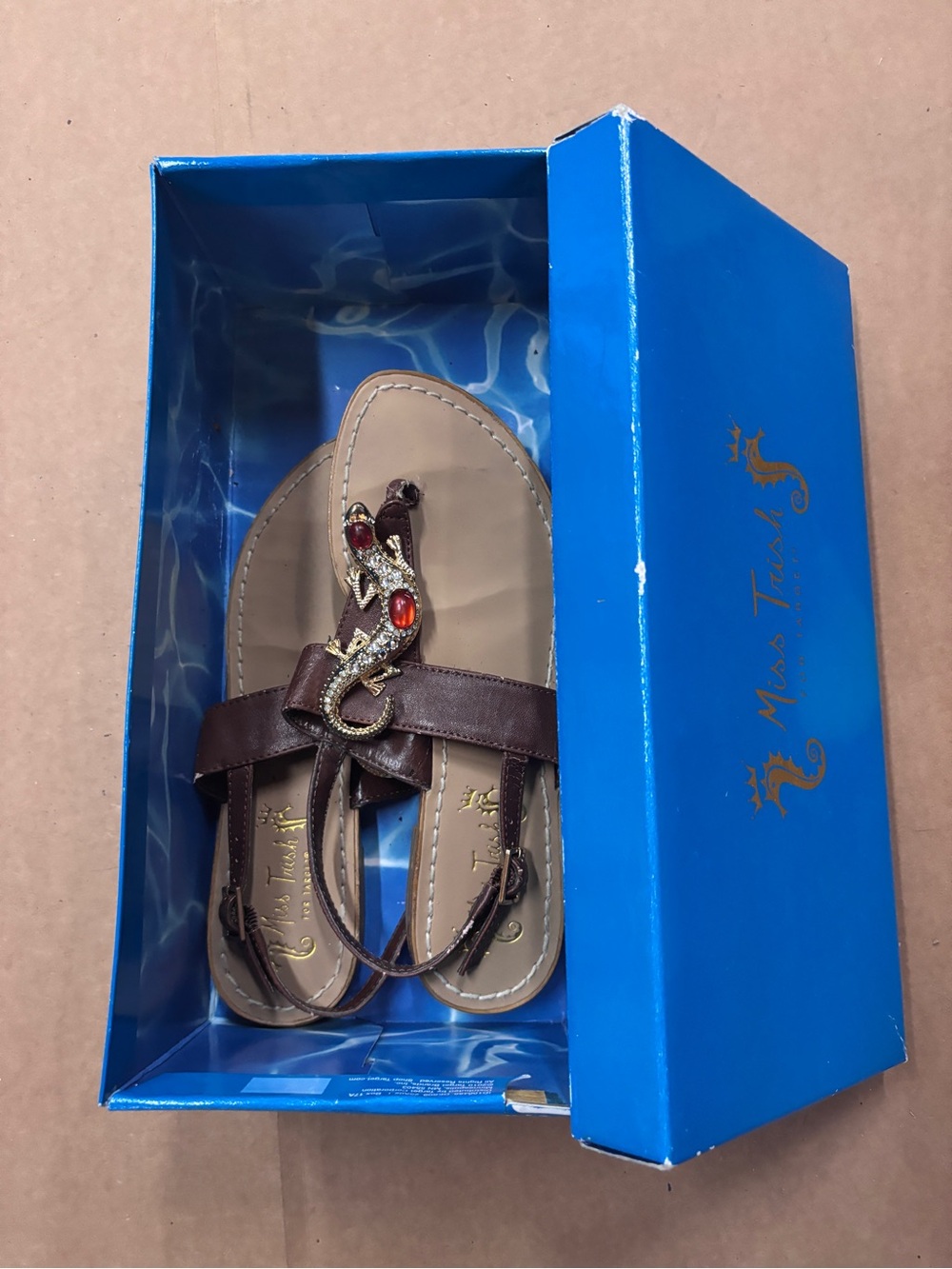 Miss Trish Brown Jeweled T-Strap Sandals